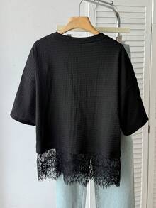 SHEIN 少女/儿童春夏新款休闲简约黑色纯色针织圆领蕾丝边下摆宽松短袖T恤 - 黑色 - 查看 2