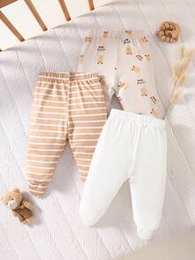 SHEIN 新生兒休閒可愛卡通熊條紋印花無腳褲 - 棕色 - 查看 3