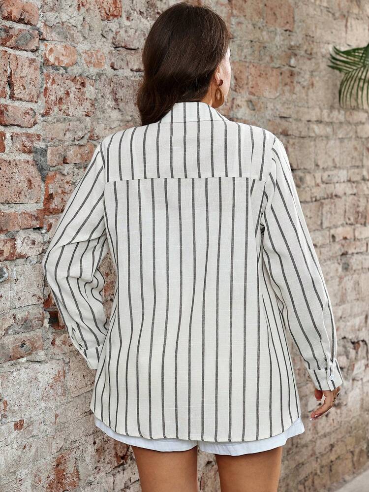 Plus Size Long Sleeve Casual Striped Shirt,Fall Women Clothes Beach Outfit For Women