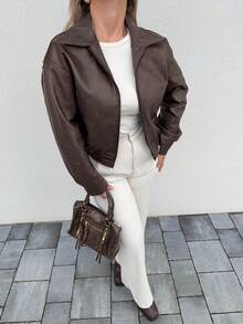 Jeta Ari Chaqueta de cuero vintage nueva de primavera, estilo corto, ajuste regular, adecuada para el Día de San Valentín - Marrón - Ver 3