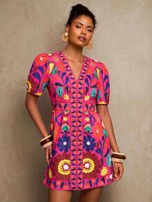 Travachic V-Neck Short Sleeve Fitted Mini Dress For Women - Multicolor - View 3