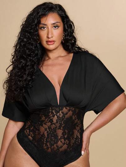 SHEIN BAE CURVE Plus Size Women's Fashion Versatile Lace Patchwork Sexy Bodysuit,Chic Womens Lace Inset Bodysuit With Dolman Sleeves And Deep V-Neckline