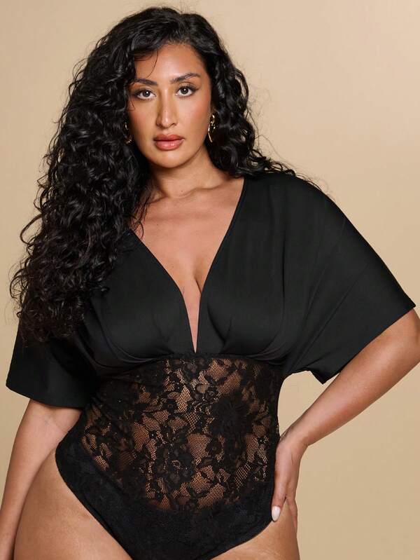 SHEIN BAE CURVE Plus Size Women's Fashion Versatile Lace Patchwork Sexy Bodysuit,Chic Womens Lace Inset Bodysuit With Dolman Sleeves And Deep V-Neckline