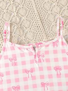 SHEIN Tween Girl 粉色格紋蝴蝶結印花裝飾白色鈕扣休閒時尚修身睡衣套裝 - 粉色 - 查看 6