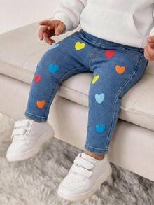SHEIN Baby GirlColorful Heart Pattern Blue Denim Skinny Jeans Sports Stretchy And Comfortable Summer Festival Beach - Blue - View 8