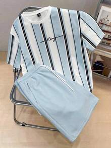 Manfinity Joysei Men's Simple Striped Pattern T-Shirt Set, 2-Piece Men's Outfit, Summer - Blue - View 5