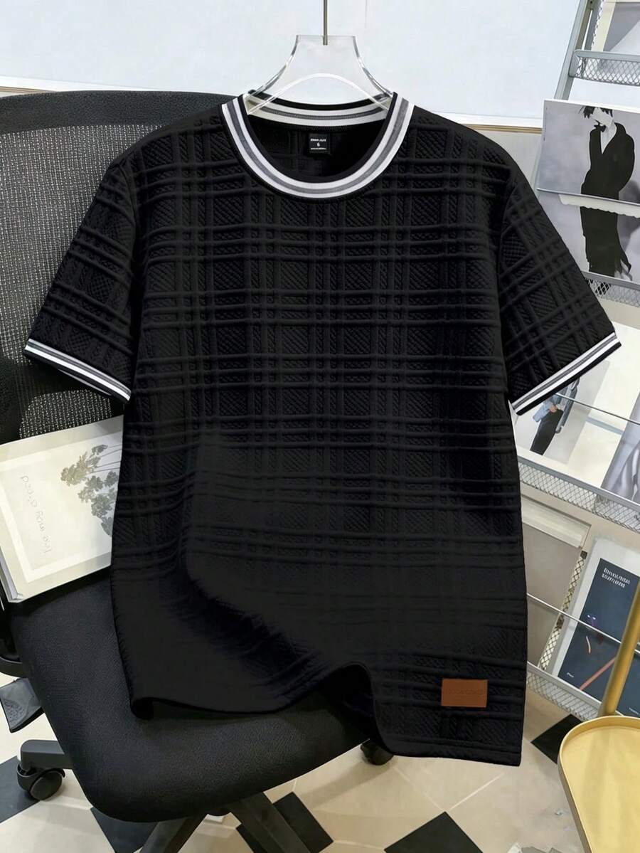 Manfinity Joysei Men's Jacquard Knit Solid Color Textured Collar & Cuff Ribbed Patch T-Shirt - Black - View 1