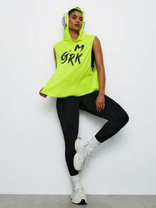 Levarali Plus Size Women Letter Print Hooded Sports Tank Top - Green - View 7