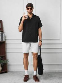 HUEFORM Men's Textured Summer Casual Front Button Short Sleeve Shirt Vacation Black Polka Dot - Black - View 3