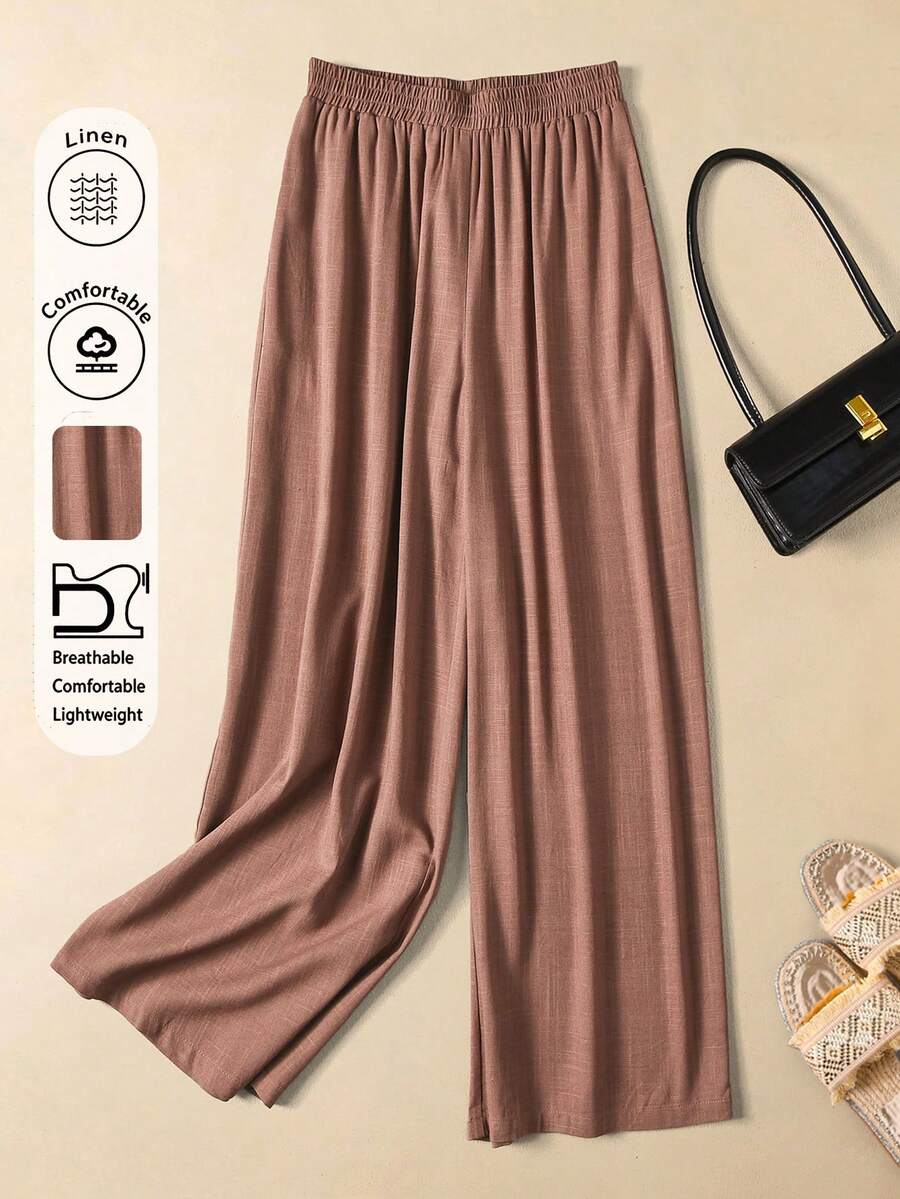 Rusticease Linen Women's Casual Girlisim Elastic Waist Pants Autumn Vacation Festival Party Golf Beach Trousers With Pockets - Brown - View 1