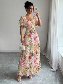 Modelyn 女士短袖中长连衣裙，女士短袖数码印花收腰连衣裙，单肩荷叶边下摆，优雅美丽，尽显迷人风采，时尚优雅，Y2K涤纶面料，适合外出、节日、派对等场合。女士夏季连衣裙，适合约会、派对、度假穿着。女士连衣裙，印花连衣裙，沙滩度假连衣裙 - 彩色 - 查看 4