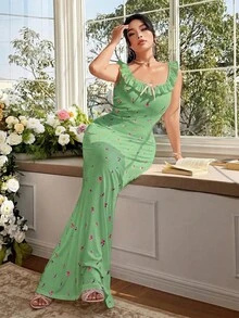 FleurLily Plus Size Soft Knit Ditsy Floral Fabric V-Neck Ruffle Trim Sleeveless Wrap Maxi Dress, Elegant For Outings, Dates, Parties, Afternoon Tea - Lime Green - View 6