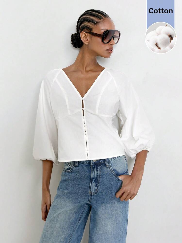 SHEIN Maija Women's White Elegant Summmer V-Neck Front Button Casual Beach Vacation Shirt,Embroidered Hollow-Out Lantern Sleeve Slim Fit Hawaiian Brunch Top