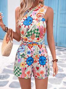 Vivid Eden Women's Vacation Casual All-Over Print Halter Neck Romper - Multicolor - View 3