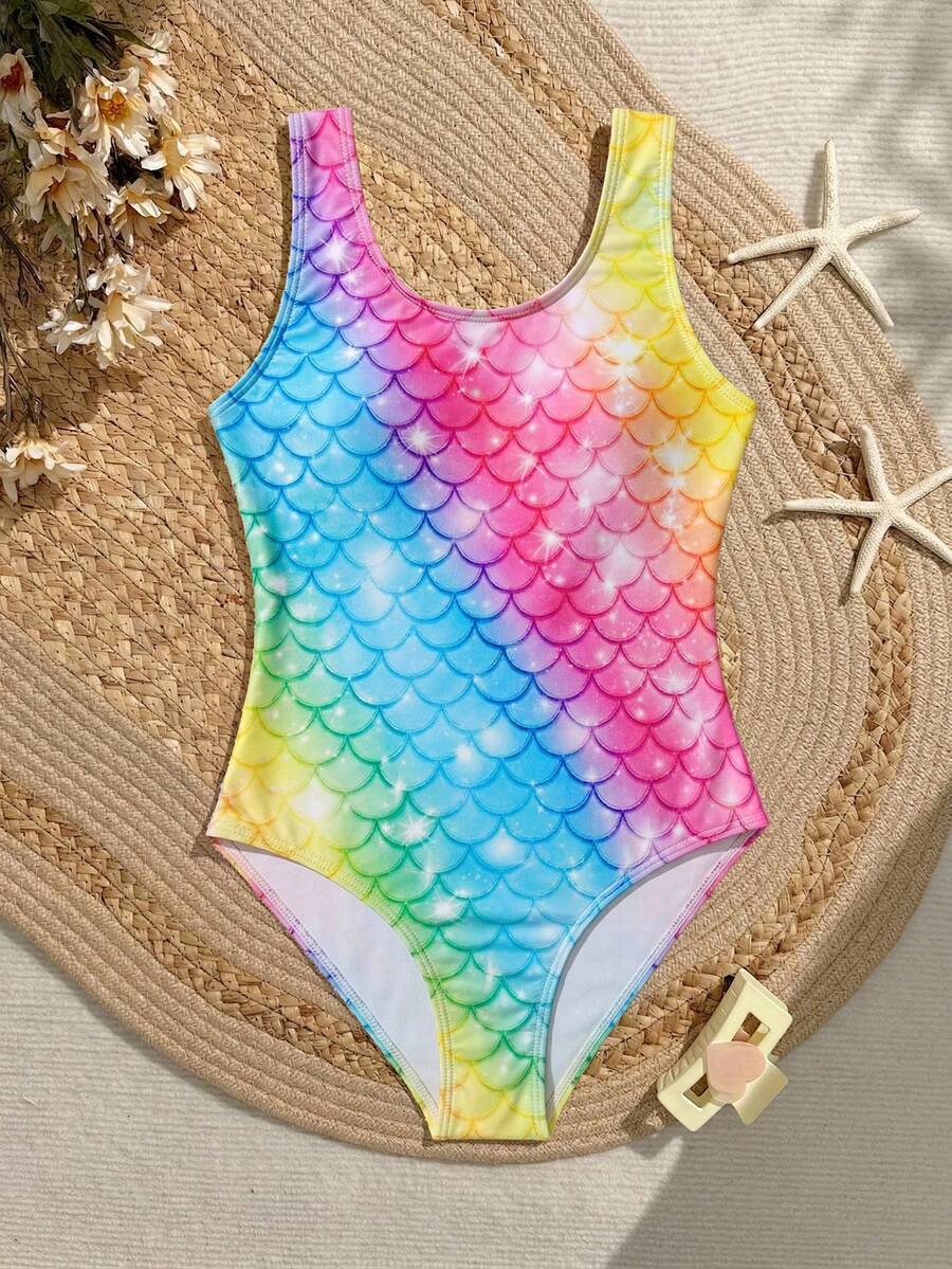 SHEIN Tween Girls Cute Pink One-Piece Swimsuit,Rainbow Ombre Starry Mermaid Scale Print,Modest Comfortable With Chest Pads,Summer Beach Pool Holiday,Surfing - Multicolor - View 1