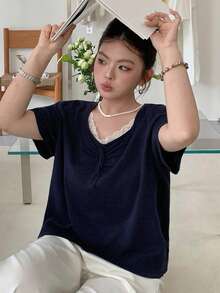 Dazy Plus Solid Color Polo Collar Fitted Short Sleeve Knit Top, Spring/Summer/Autumn - Navy Blue - View 1