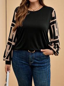Comfylo Plus Size Colorblock Lantern Sleeve Casual Loose Top, Autumn/Winter Holiday - Black - View 4