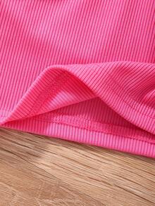 SHEIN Genkimix Kids Toddler Girls' Vacation Casual Halter Solid Color Tank Top And Elastic Waist Ditsy Floral Ruffle Skirt Set, Summer - Hot Pink - View 5