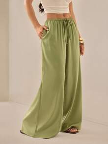 Vivamere Women's Drawstring Waist Casual Girlisim Wrinkle-Resistant Wide Leg Pants,Petite Women Golf Pastal Autumn - Army Green - View 5