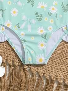 Young Girl Daisy Print Ruffled One-Piece Swimsuit, Elegant And Charming Design Suitable For Swimming - Multicolor - View 5