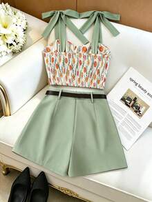 GlowEve Women's Tulip Print Cami Top With Shoulder Tie Bow Design, Matcha Green High Waist Asymmetrical Skort With Belt, Elegant Slim Fit Commute 2-Piece Set - Multicolor - View 2