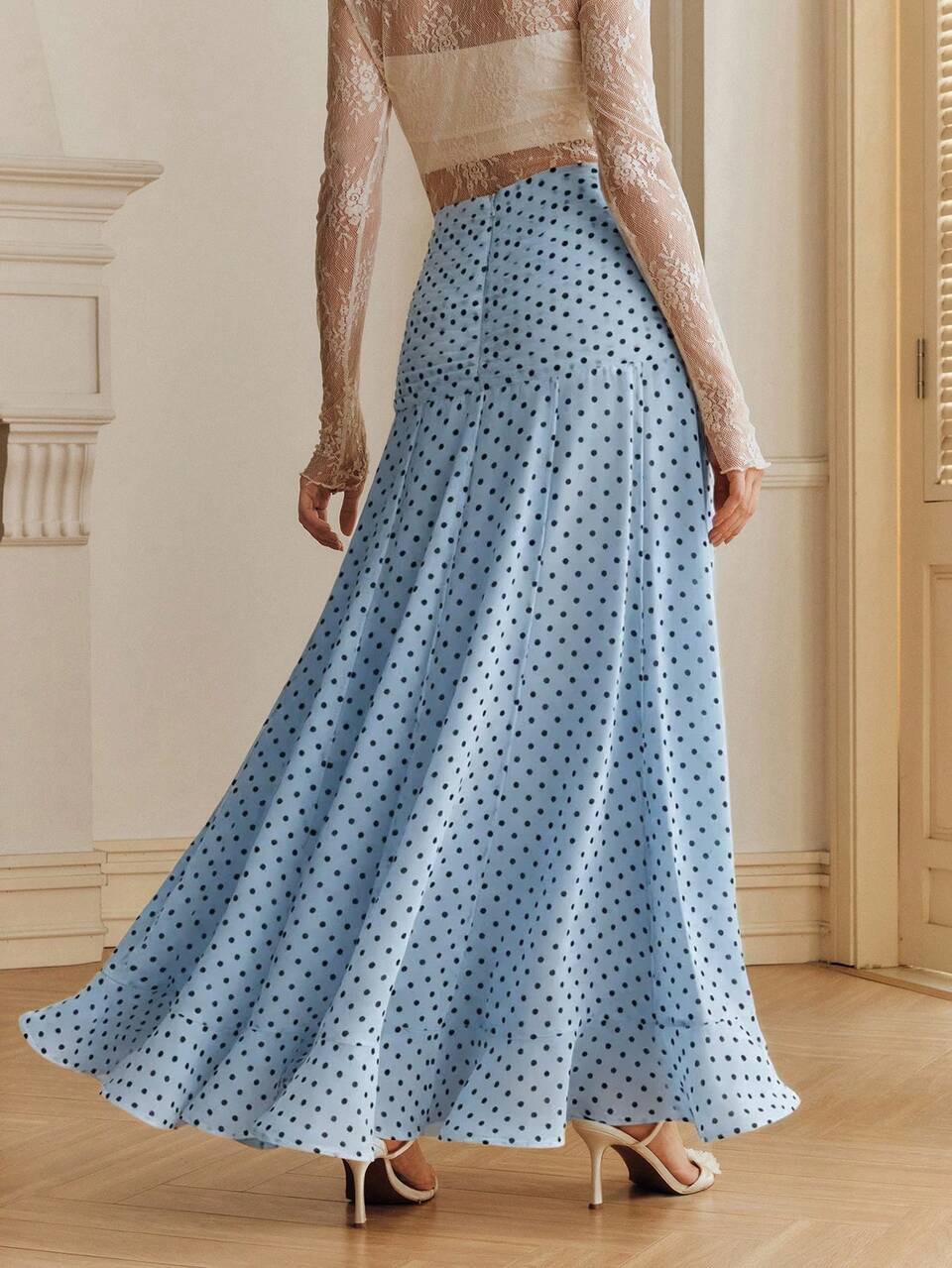 Anewsta Elegant Ruffled Hem Design Loose Flowing Polka Dot Women's Midi Skirt, Spring/Summer