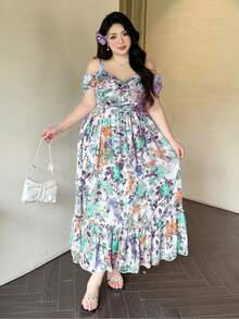 Vibekara Plus Size Women's Summer Beach Tea Party Vacation Floral Print Off-Shoulder Ruffle Hem Dress White Boho - Mint Green - View 5