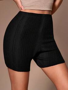 Lazeform Solid Color Minimalist Casual Brushed Ribbed Slim Fit Women Shorts, Suitable For Loungewear Or Outerwear Home Black Summer - Black - View 4