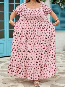 SHEIN CURVE+ Curve 尺码 US22 音乐节、海滨度假、波西米亚浪漫碎花连衣裙，适合海滩度假、毕业季、波西米亚风假日、沙滩裙、度假装扮 - 彩色 - 查看 5