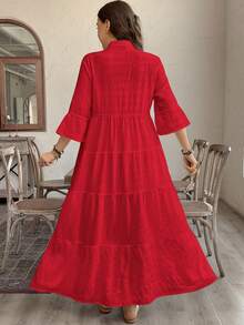 SHEIN LUNE Váy xếp tầng màu đỏ cho nữ cỡ lớn thời trang đi nghỉ mát màu trơn cổ khoét sâu váy xếp tầng màu đỏ Váy thường ngày cho nữ Váy xếp nếp Váy maxi màu đỏ Váy maxi xếp tầng - Đỏ - Xem 2