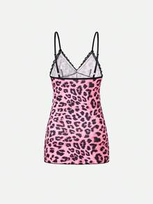 Bella Beso 2 pièces Nuisette sexy pour femmes, imprimé léopard, patchwork de dentelle contrastée, nœud, sans manches, imprimé, ourlet fendu, camisole de nuit pour l'été - Multicolore - Voir 9