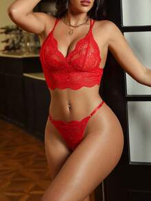 Seduluxe Sexy Lace Women's Lingerie Set, Pearl Chain Sexy Bra, 2pcs Panty Set - Red - View 1