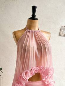 Soleia Women's Elegant Ruffle Backless Halter Top And Mini Skirt Set, Summer - Dusty Pink - View 4
