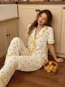 SHEIN Cherry Plaid Print Patchwork Solid Color Ruffle Bow Romantic Ladies Pajama Set - Yellow - View 5