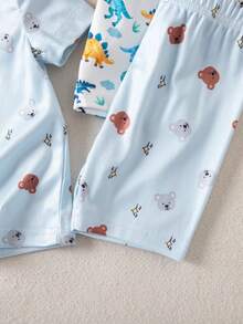 [3 Sets/5 Sets] Baby Boy Summer Knit Round Neck Short Sleeve Shorts, Hot Selling Cartoon Bear, Car, Dinosaur Digital Print Cute Pattern 6-Piece Pajama Set, Tight-Fitting Loungewear - Multicolor - View 4