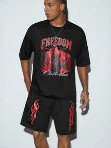 Modcrash Conjunto de 2 piezas de camiseta gráfica de estilo liberty y pantalones cortos con llamas de estilo urbano y hip hop para hombres - Negro - Ver 5