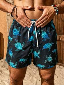 Palasendo Men's Turtle Print Drawstring Waist Pocket Beach Shorts, Holiday - Navy Blue - View 1
