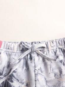 Young Girl/Young Girls Grey Leaf Print Patchwork Pink Waistband Knit Sweatpants, Autumn Clothing - Grey - View 5