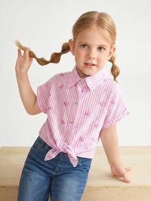 SHEIN Camisa casual con hombros caídos, estilo minimalista, de tejido suelto y con rayas, con lazo delantero para niña joven - Rosa - Ver 8