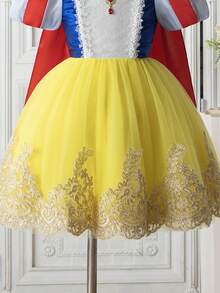 Young Girls Fashion Cute Yellow Mesh Lace Embroidered Beaded Ruffle Puff Sleeve Back Detachable Cape Princess Mini Dress, Comfortable Summer Clothing - Multicolor - View 6