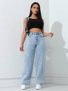 SHEIN ICON Quần Jeans Denim Màu Trơn Thường Ngày Cho Nữ - Rửa nhẹ - Xem 5