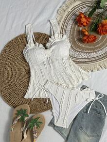 Swim Mod Women's Summer New Beach Vacation Style Solid Color Textured Fabric Ruffle Edge Tankini Swimsuit - White - View 2