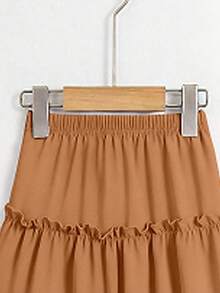 SHEIN Girls' Casual Black Chiffon Ruffle Hem Skirt, Suitable For Spring, Summer, Autumn, Versatile For Outings And Various Occasions, Classic & Matching - Brown - View 4