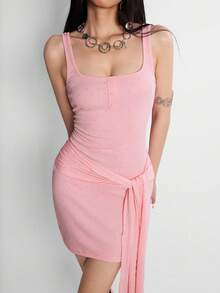 Rina Fox Women's Y2K Style Casual Solid Color Rhinestone Twist Mini Dress, Summer - Pink - View 6