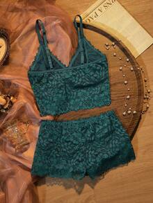 SHEIN Bộ 2 áo camisole ren gợi cảm và áo ngực không gọng - màu xanh lá - Xem 7