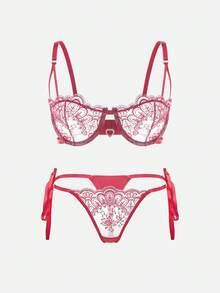 Bella Beso EverydayBra 2件組女款刺繡蕾絲內衣套裝，半透明心形胸罩與蝴蝶結內褲，舒適居家風女款兩件套夏季適用 - 酒紅色 - 查看 1
