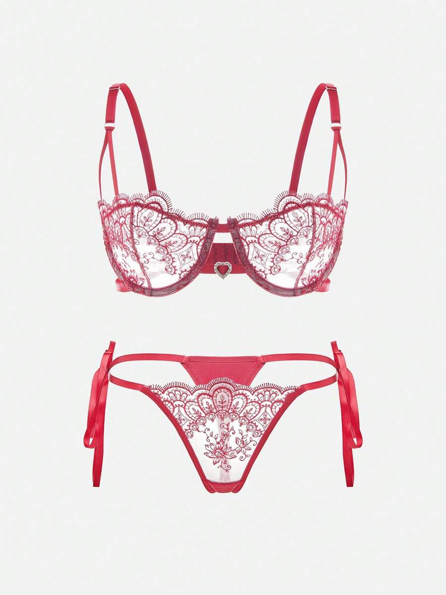 Bella Beso EverydayBra 2件組女款刺繡蕾絲內衣套裝，半透明心形胸罩與蝴蝶結內褲，舒適居家風女款兩件套夏季適用 - 酒紅色 - 查看 1