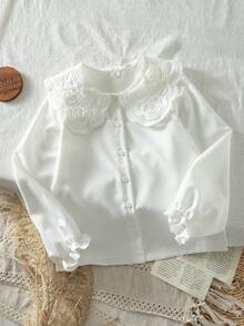 SHEIN 青少年女孩秋季上衣 優雅刺繡花卉領長袖前開鈕扣休閒公主風襯衫，適合學校、度假 - 白色 - 查看 8