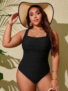 Swim Lushoire Baju Renang One-Piece Bergaris Hitam Ukuran Plus dengan Detail Kerut di Bagian Perut, Desain Dewasa Cocok untuk Liburan Musim Panas dan Pantai - Hitam - View 4