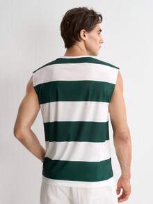 RONVEXI Men's Casual Striped Tank Top, Summer Versatile Green & White Striped Tank Top For Men - Green - View 2